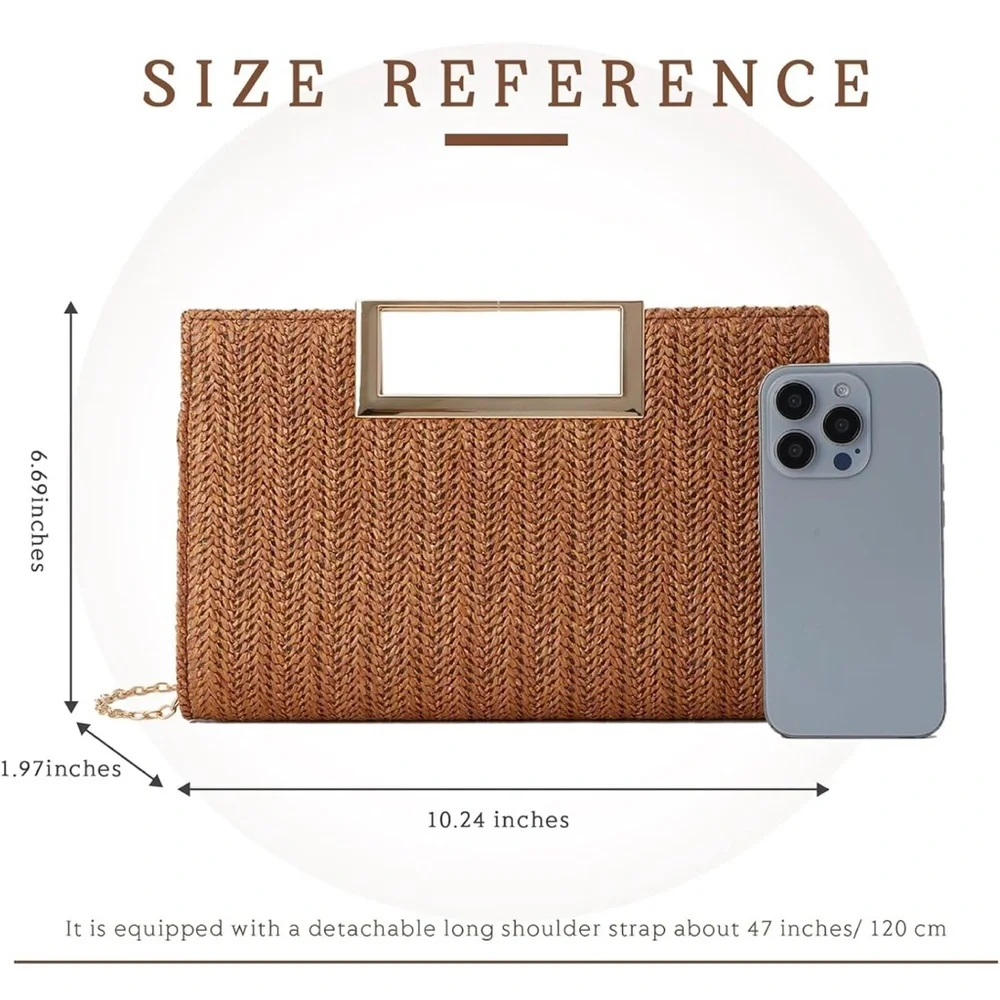 🆕 Elegant Top Handle Straw Clutch / Straw Evening Bag Woven Raffia Crossbody - Picture 3 of 6